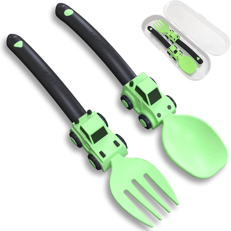 Deinyi Construction Toddler Utensils - Toddler Forks and Spoons - Kids Construction Truck Utensils - Forks and Spoons Silverware Set - Christmas Birthday Gift for 1 2 3 4 5 year old, Green - Image 1